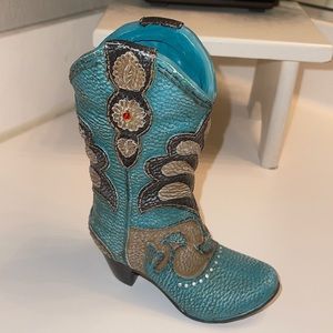 Western Cowgirl Boot figurine Home/Office Decor Teal and Brown with red jewel.